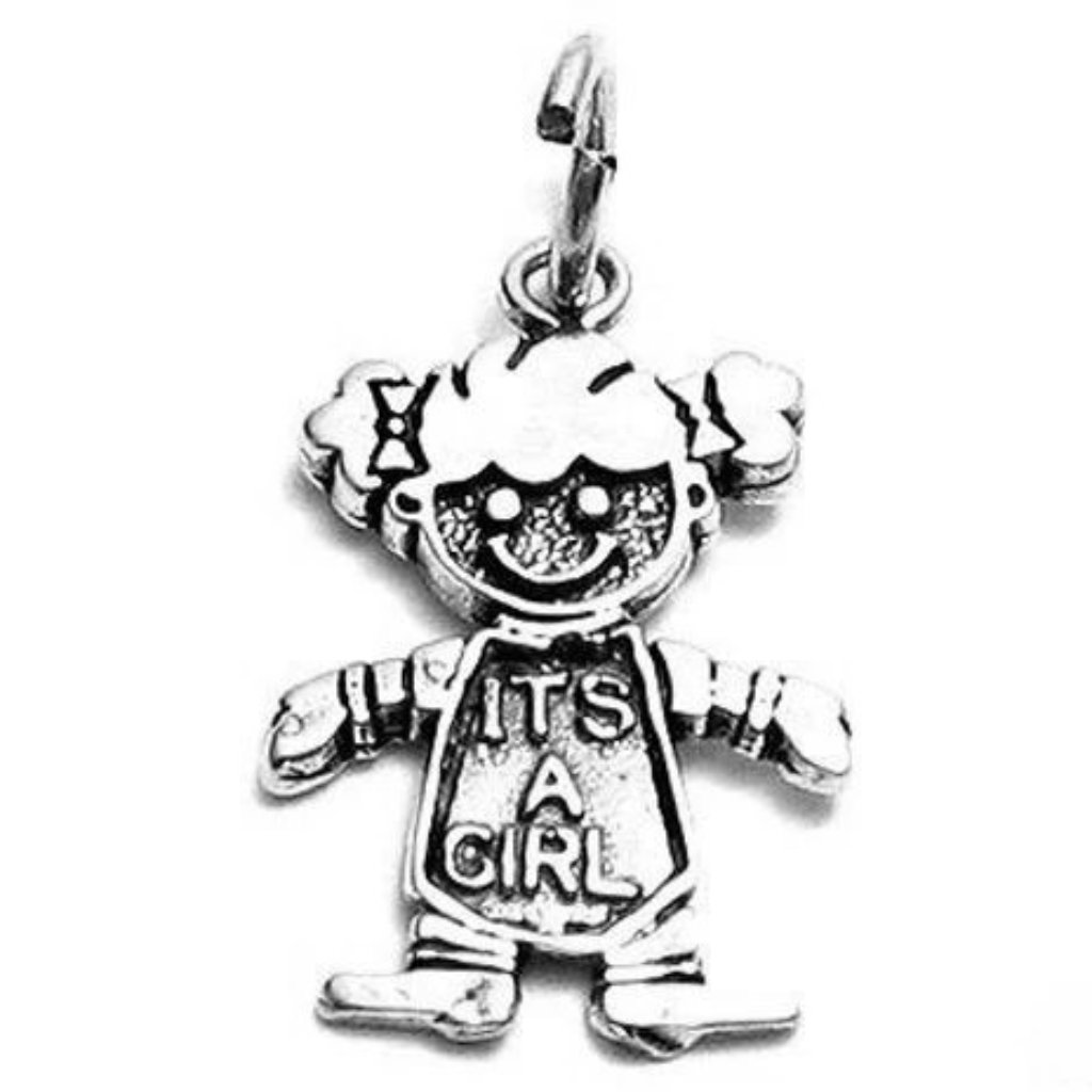 Girl In "It's A Girl" Onesie Charm. Sterling Silver